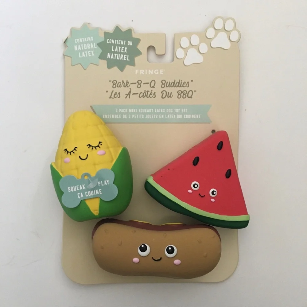 Dog Toys Squeaky Latex “Bark-B-Q Buddies” Hot dog Corn Watermelon NEW | Fringe